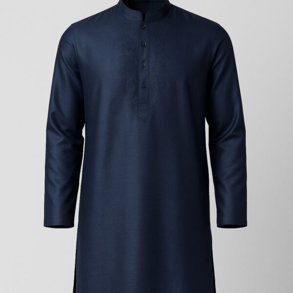 Embroidered Silk-Blend Panjabi — Navy
